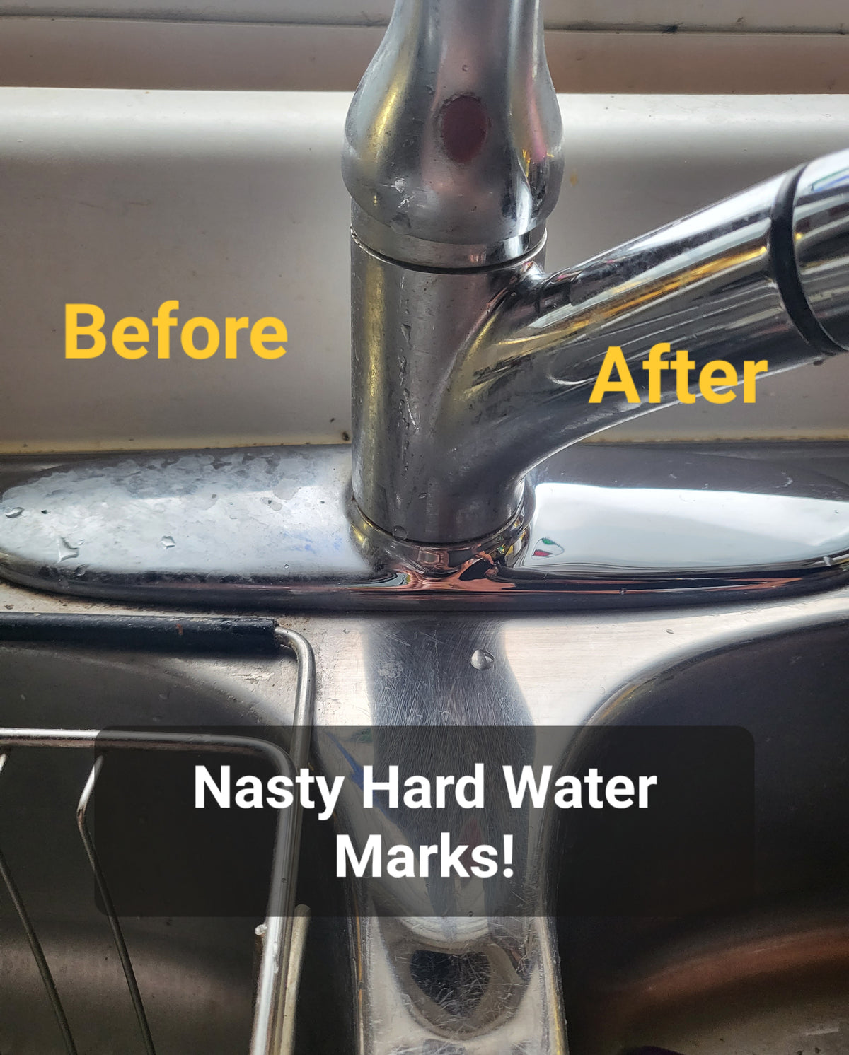 Before and after cleaning kitchen facet from grime and hard water stains.